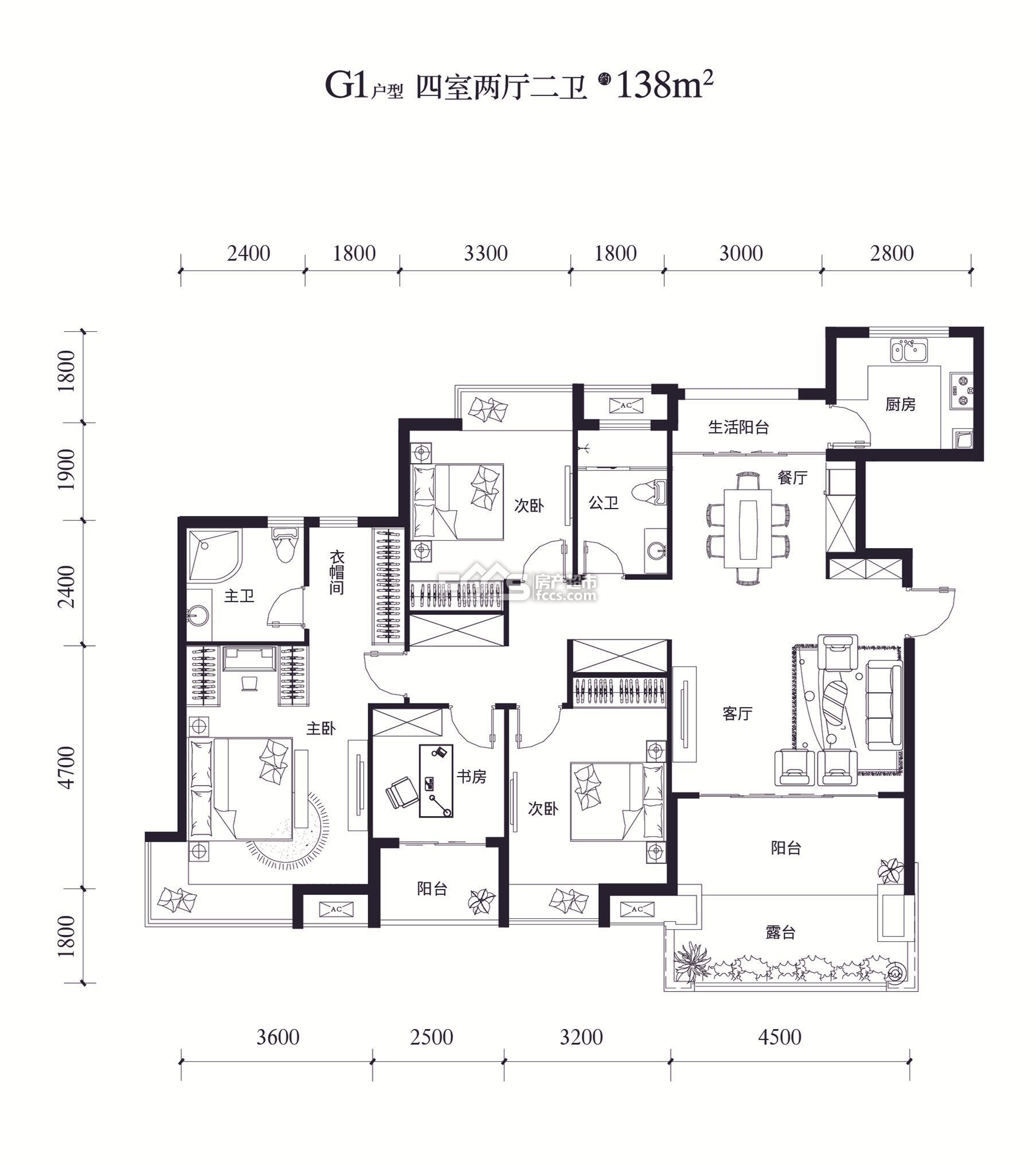 国贸蓝湾g1户型户型138平米4室2厅2卫户型图,户型设计