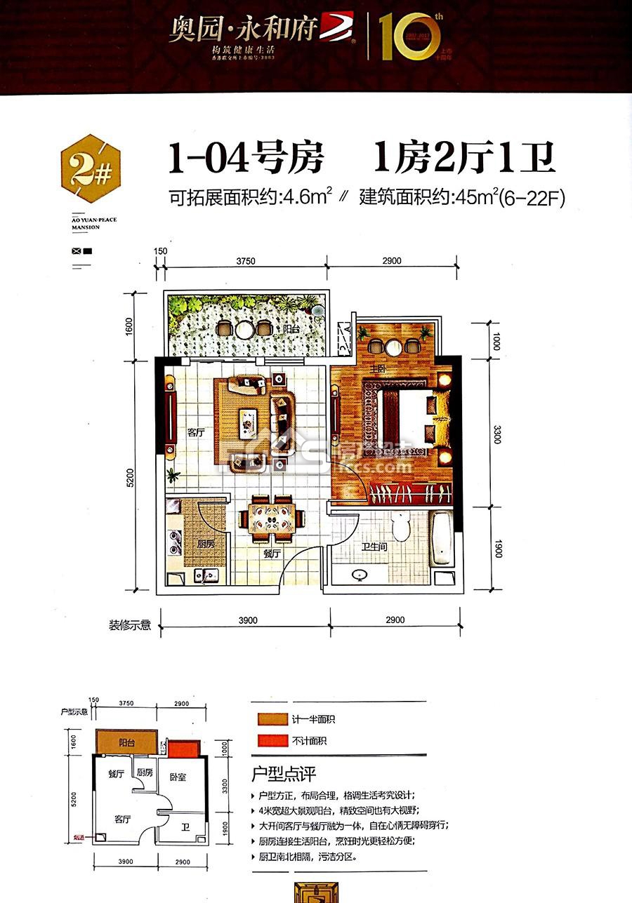 奥园永和府1-04号房户型45平米1室2厅1卫户型图,户型