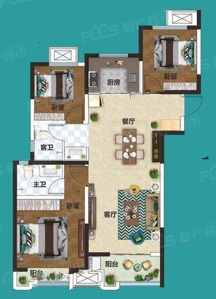 0㎡正商博雅华庭户型图-3室2厅1卫,建筑面积约92.