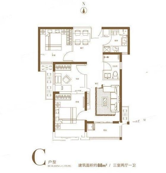 汇泉景悦城汇泉景悦城c户型-3室2厅1卫,建筑面积约88.0㎡