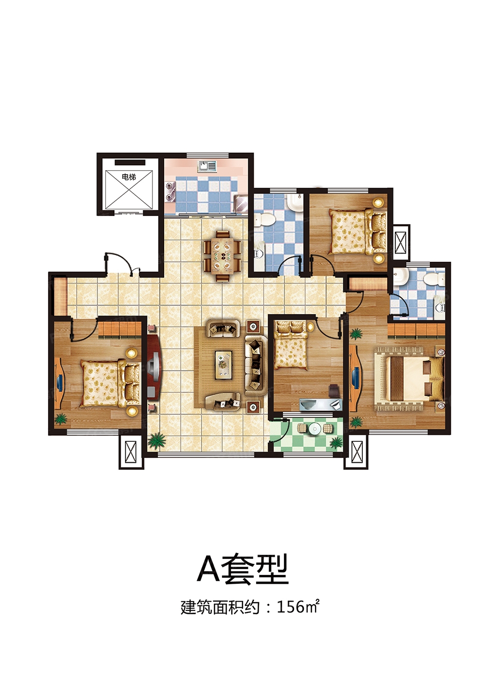 鸿泰花漾城鸿泰花漾城三期5#a户型户型156平米4室2厅2