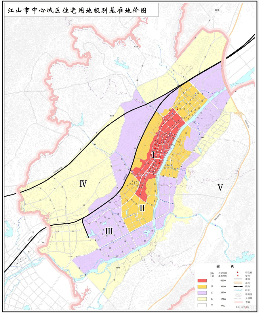 具体详见《江山市中心城区住宅用地级别基准地价图》Ⅰ级范围