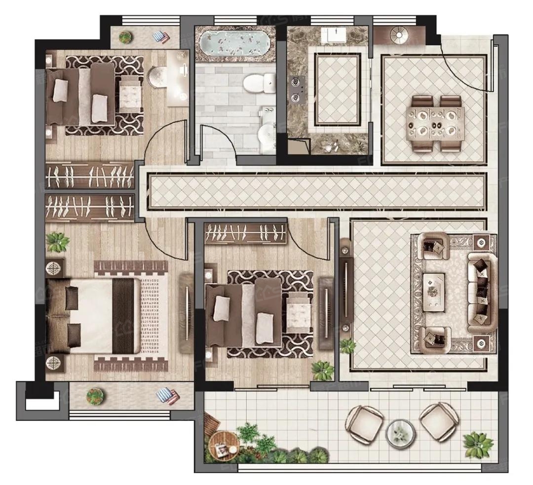 ▼ 建筑面积约115㎡户型(三室两厅两卫)