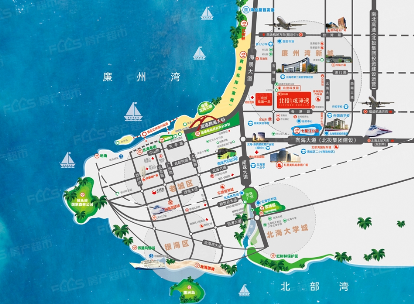 北海市海城区香港路58号(吉林路与香港路交汇东北角),位于廉州湾新城