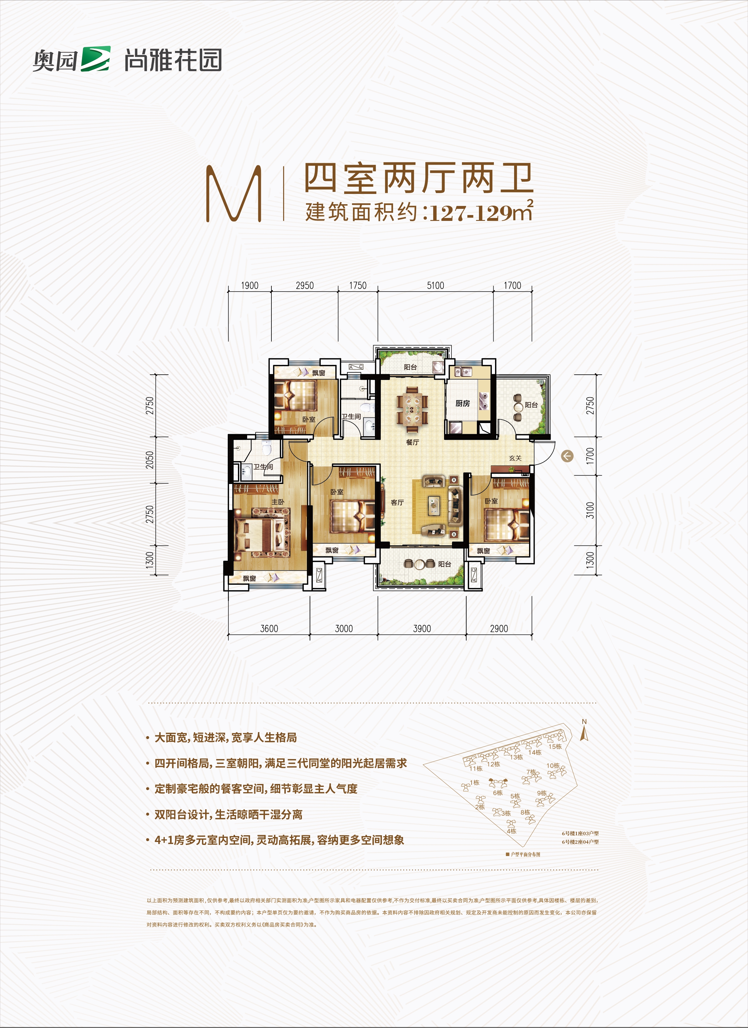 惠州奥园尚雅花园m户型图127㎡4房2厅2卫3阳