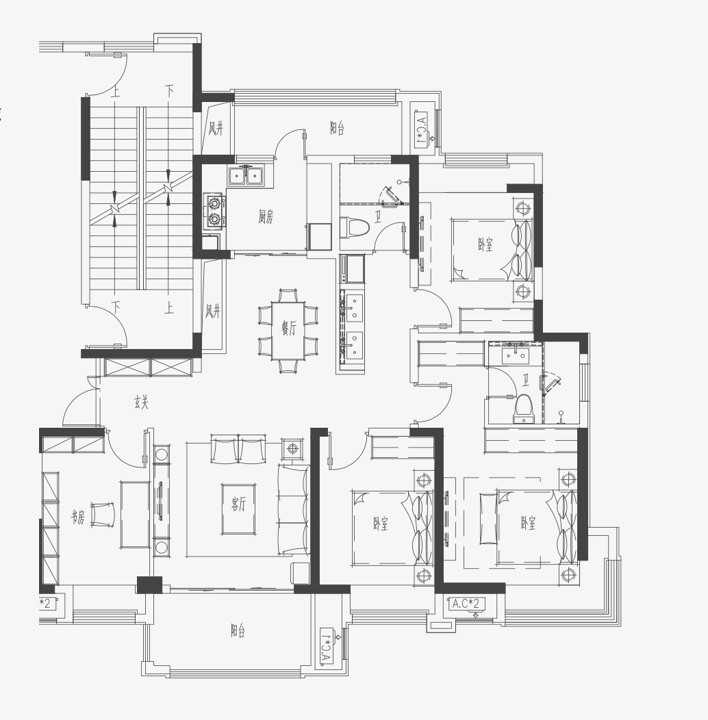 奥园·湖滨名都建面约158㎡户型图四开间朝南的飞机户型,拥有南北双