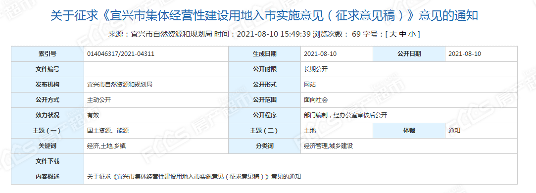 关于征求《宜兴市集体经营性建设用地入市实施意见（征求意见稿）》意见的通知