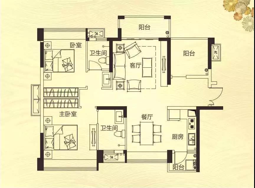三水观景豪园98方户型-3室2厅2卫3阳台,建筑面积约98.0㎡