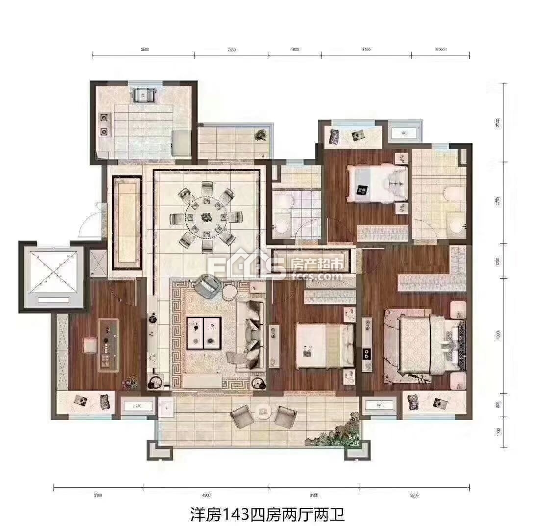 中海左岸馥园洋房户型图-4室2厅2卫2阳台,建筑面积约143.0㎡