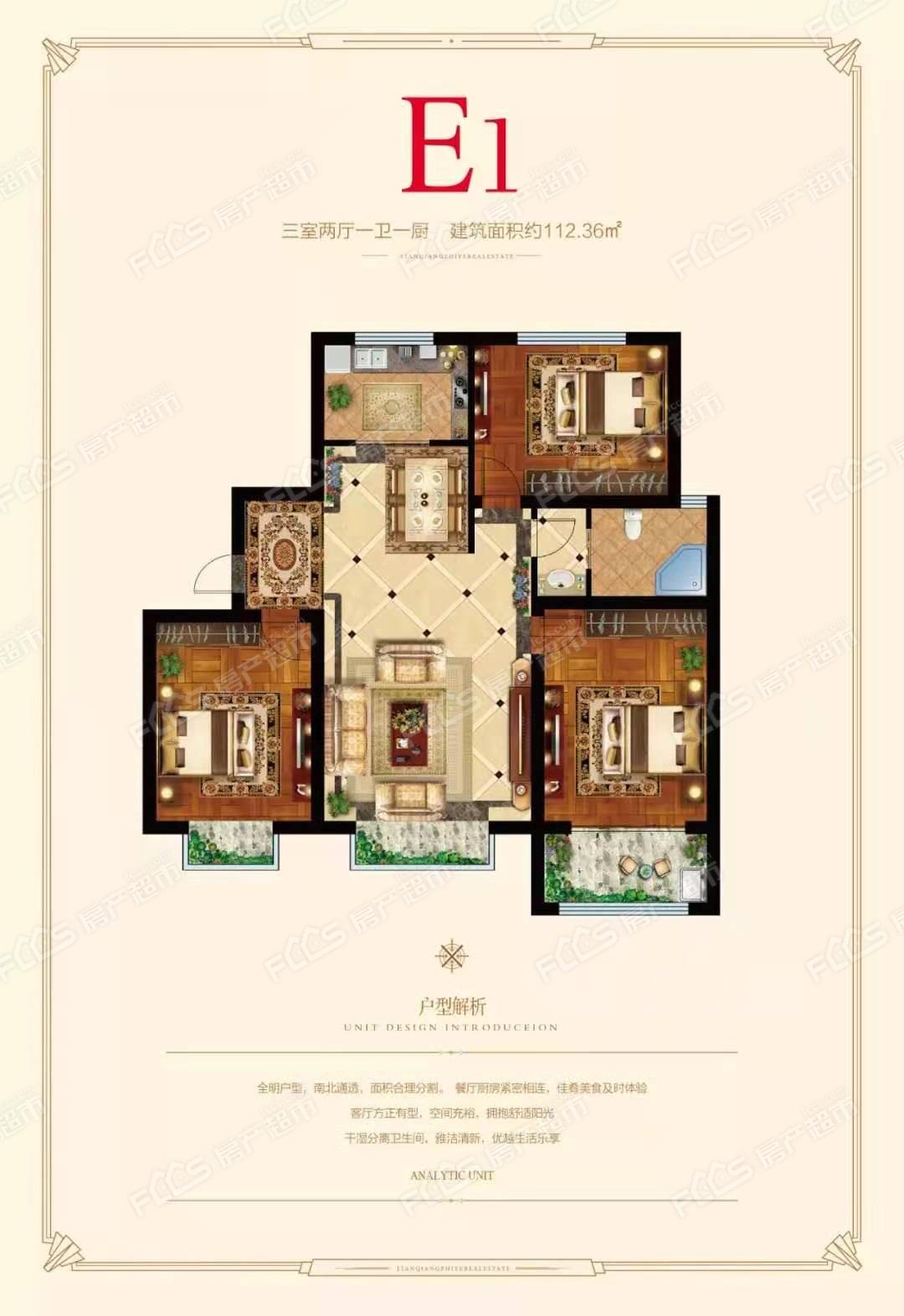 阳光锦绣城夏津锦绣阳光城户型e1户型-3室2厅1卫,建筑面积约112.36㎡