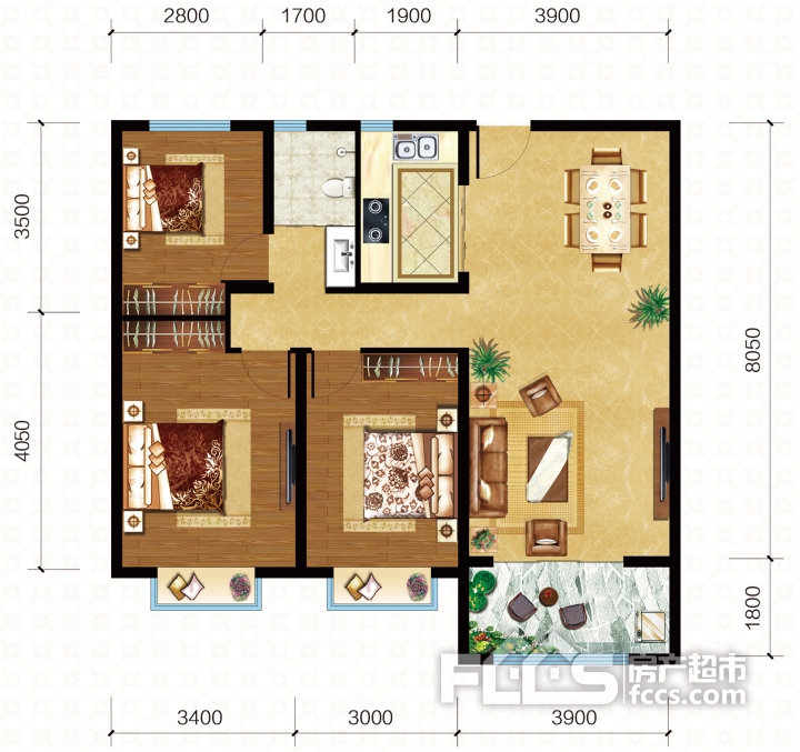 时代中通·豪园建面约118-164㎡舒适三居户型,方正大气格局,充分满足