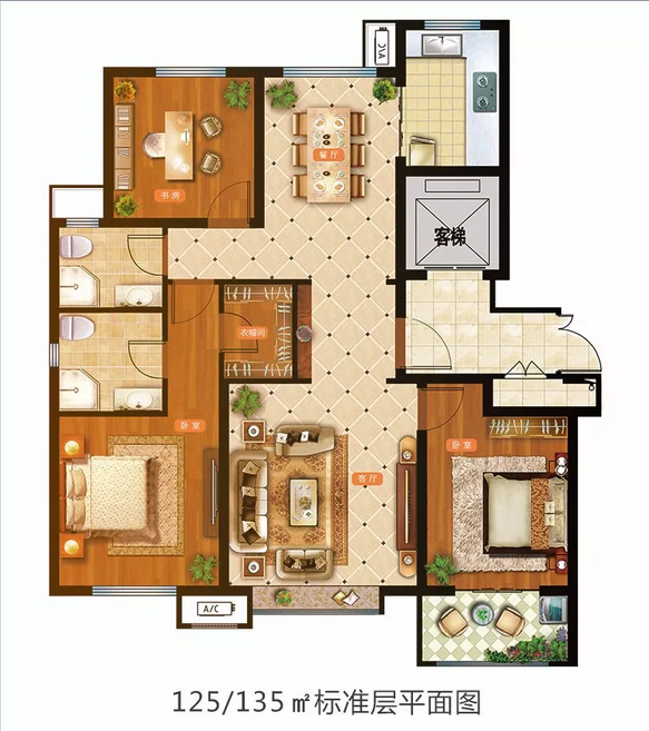 135㎡戶型圖萬象花郡住宅125/135㎡:一梯一戶電梯入戶公攤小,三陽開泰