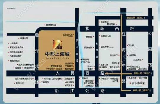 中邦上海城售楼处位于启东市人民西路1188号,项目邻近广电广场,犊靠