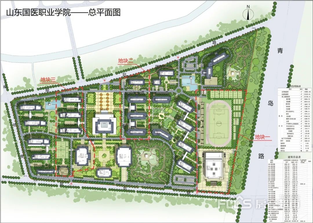 總平面圖技術經濟指標表建築信息表鳥瞰圖效果圖山東國醫職業學院項目