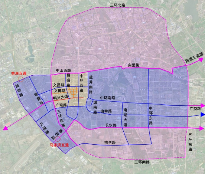 由桐乡往嘉善,平湖的外围长距离穿越型交通,建议引导由高速公路或三环